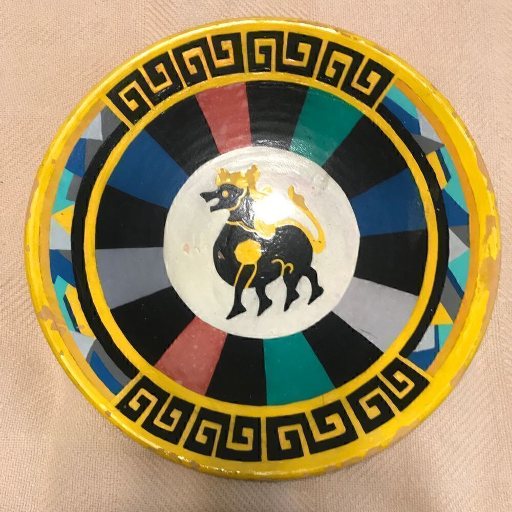 Vintage Ceramic Shallow Dish with Horse and Greek Key Design. Vintage Pottery